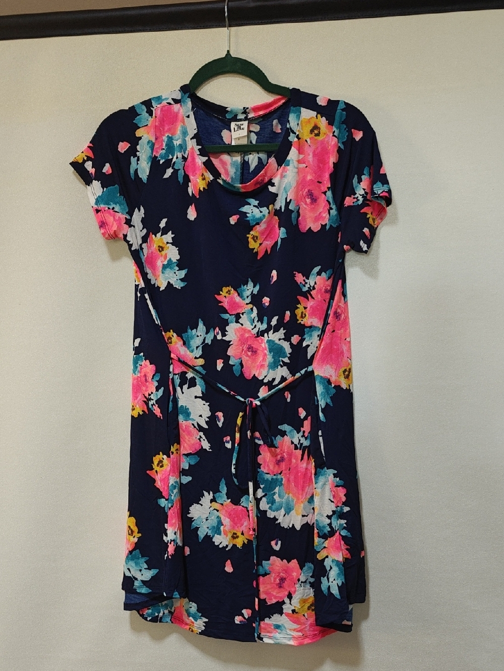 Sew In Love Navy Floral Scoop Neck Top/Mini-dres with Pink & Teal Blooms, Small